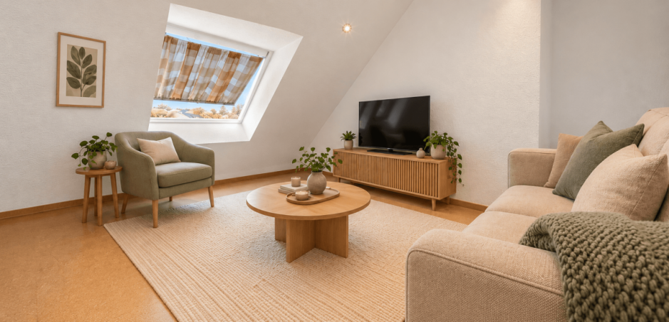Wohnzimmer - virtuell m�bliert (Einrichtungsvorschlag) Maisonettewohnung Bretten